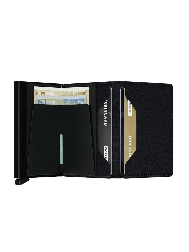 The Secrid Slimwallet Crisple is an open slim leather wallet, shown with euro banknotes in a money clip and three credit cards in card slots on a white background.