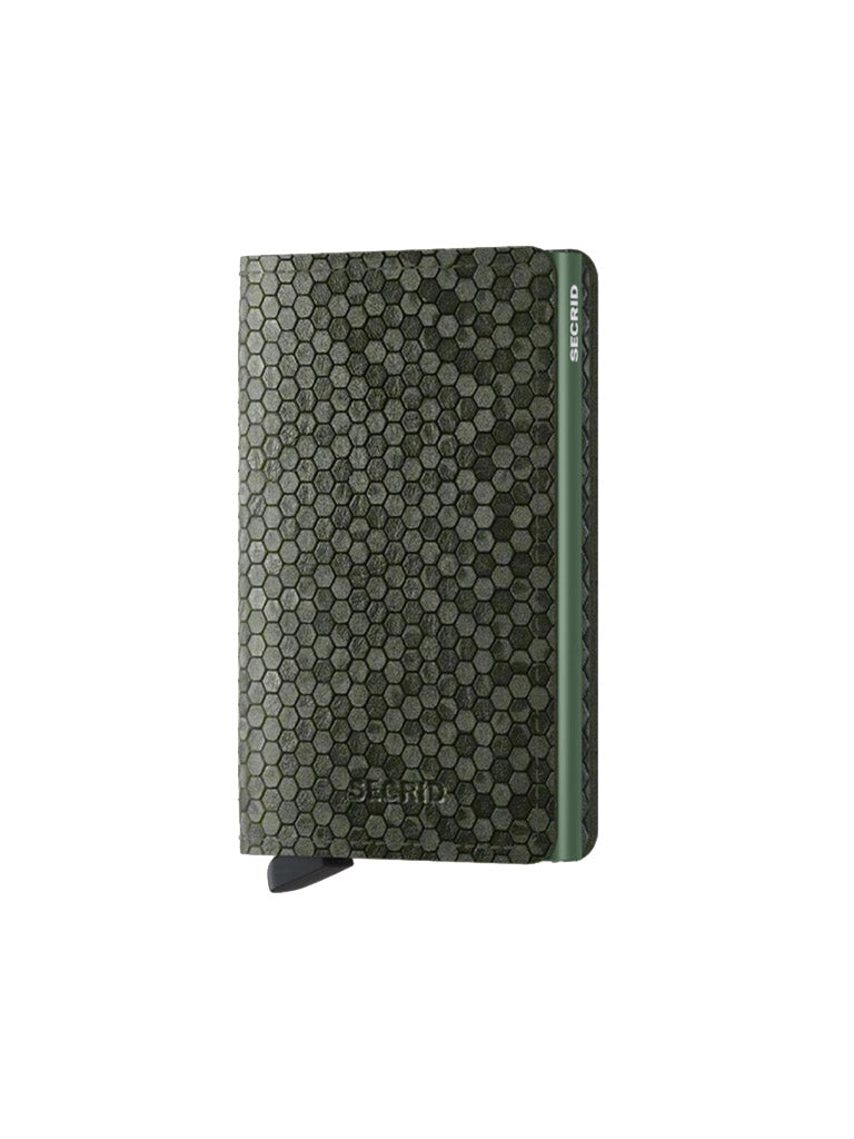 The Secrid Slimwallet Hexagon is a compact, dark green wallet with a hexagonal pattern, vertical right-edge stripe, RFID protection, a small bottom lever, and the Secrid brand printed on the side.