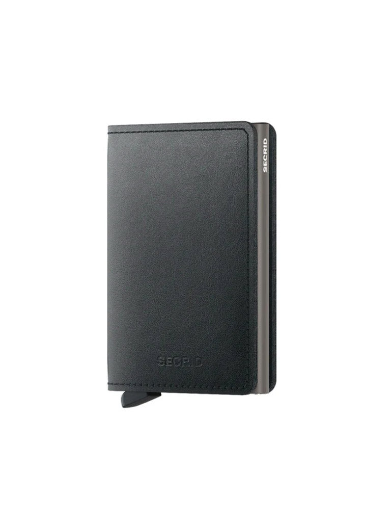 The Secrid Slimwallet Mirum, shown upright against a white background, features a sleek black minimalist design with a visible metal edge and bottom lever. This RFID security wallet combines stylish protection with modern functionality.