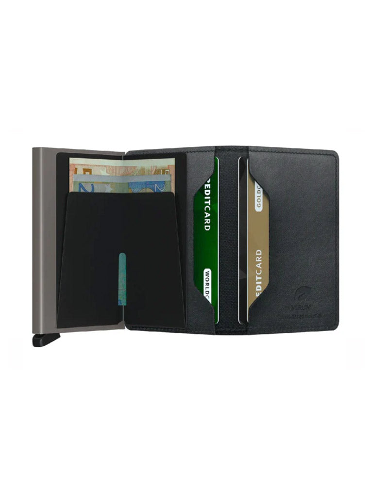 The Secrid Slimwallet Mirum is shown open against a white background, displaying euro banknotes in its metal holder and three credit cards in leather slots. This RFID security wallet features a sleek black design.