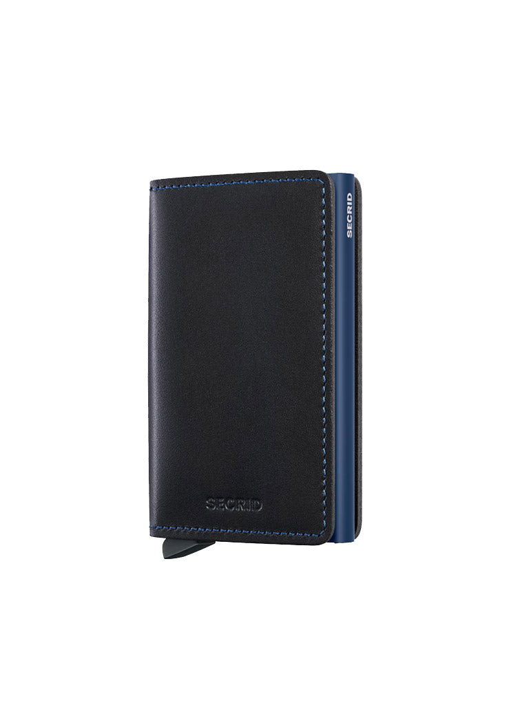 The Secrid Slimwallet Original is a slim black wallet made from European leather, featuring blue stitching and a blue metallic edge, standing upright on a white background.