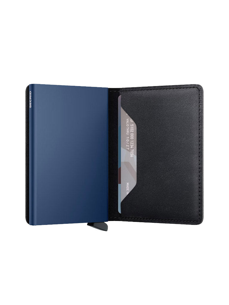 The Secrid Slimwallet Original is a slim European leather wallet with an open black design, blue inner cover, and a transparent cardholder showing a partially visible card, all set against a white background.