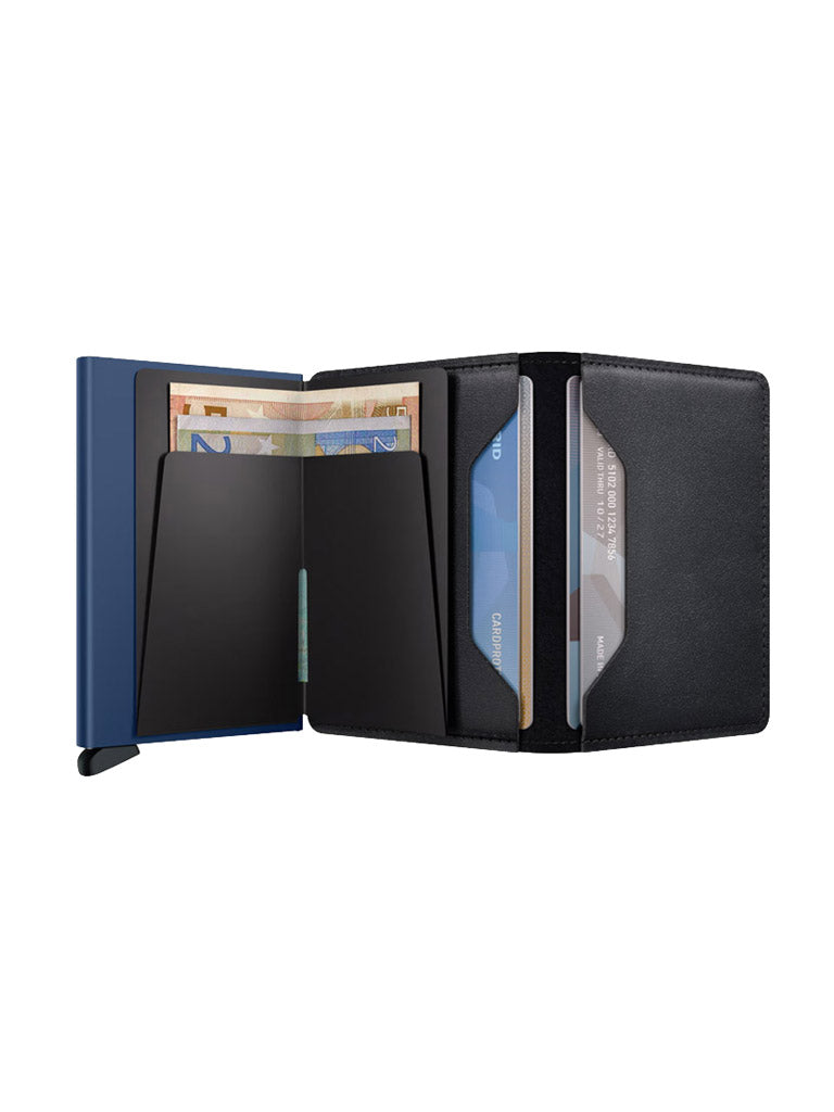 The Secrid Slimwallet Original in black and blue is open on a white background, showing euro banknotes and credit cards neatly organized in card slots. Made from European leather, it offers both style and function.