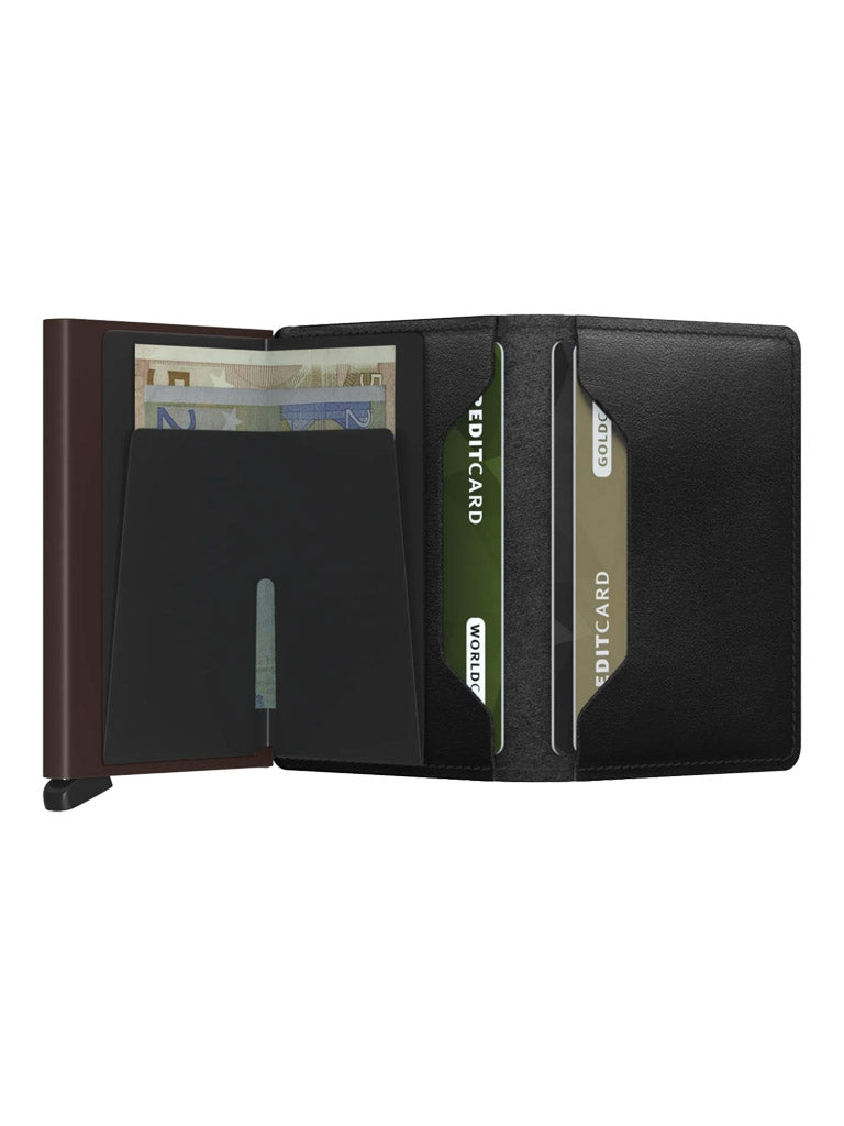 The Secrid Slimwallet Original is a black European leather wallet with a sleek, modern design. It opens to reveal multiple compartments for cards and cash, and includes built-in RFID protection for added security.