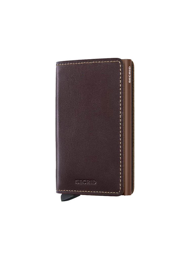 The Secrid Slimwallet Original is a brown European leather wallet with visible stitching and a metallic side accent, offering RFID protection, shown standing upright on a white background.