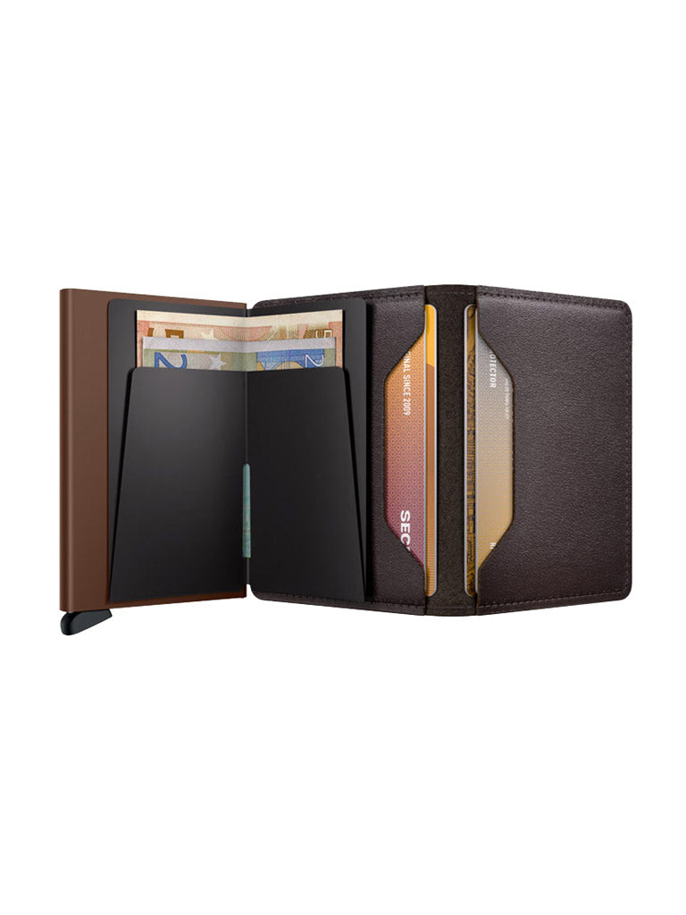 The Secrid Slimwallet Original is a sleek brown European leather wallet, shown open with organized euro banknotes and credit cards. Its modern design boasts RFID protection plus dedicated slots for cash and cards.