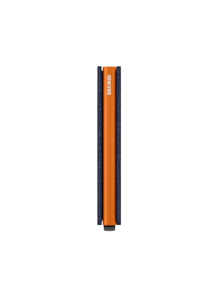 A slim, orange Secrid Slimwallet Matte Finished Leather stands upright on a white background, showcasing black textured edges and providing advanced RFID/NFC card protection.