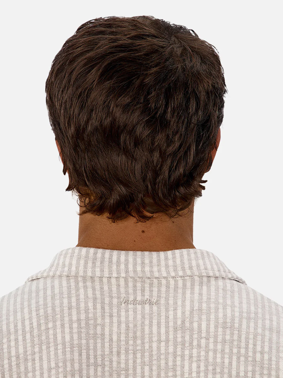 A person with short, wavy brown hair is shown from behind wearing the Industrie Sonora Short Sleeve Shirt, a light-colored, vertically striped cotton shirt with a collar, against a plain white background.
