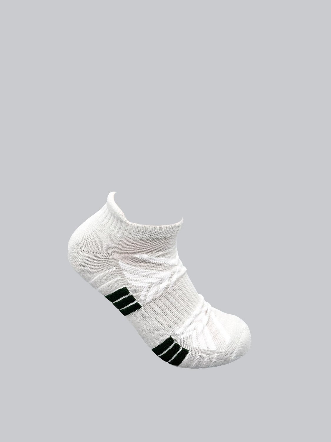A single ID Menswear Ankle Sports Sock in white, adorned with black and green stripes, lies on a gray background. Featuring ribbed patterns, extra cushioning, and a low-cut design, these socks offer breathable and stretchy comfort for any activity.