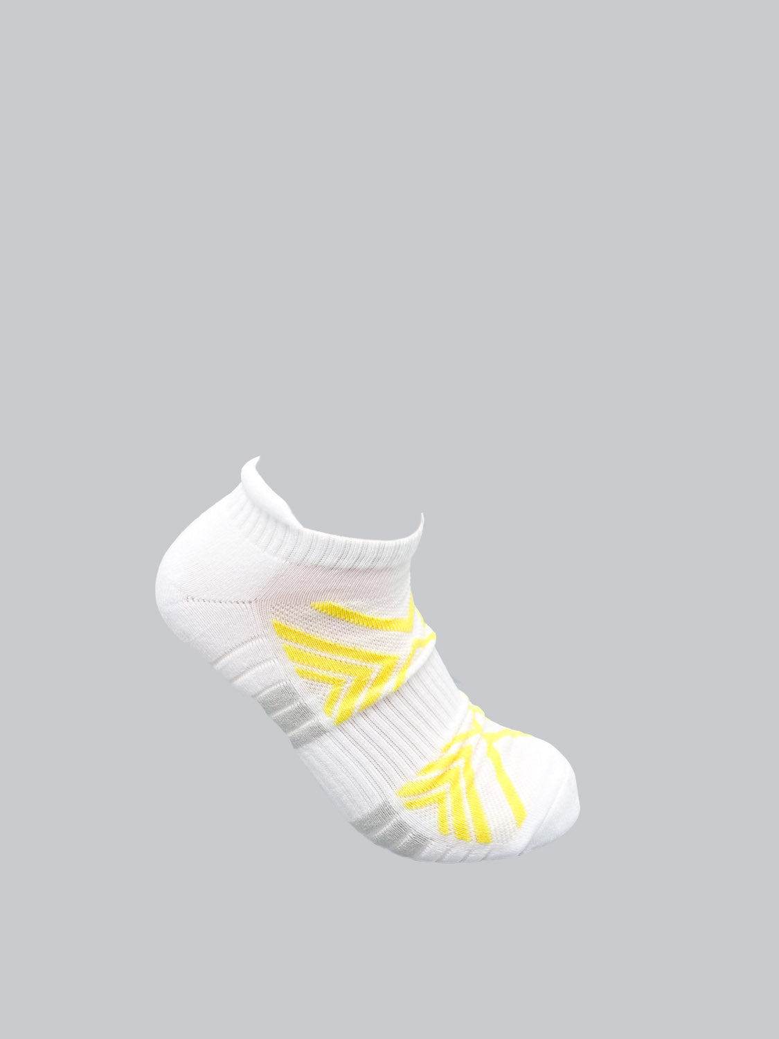 The ID Menswear Ankle Sports Socks feature white fabric with yellow arrows and gray accents on a light gray background. Designed for athletes, they provide breathable comfort, stretch, ribbed cuffs, and extra cushioning for better support.