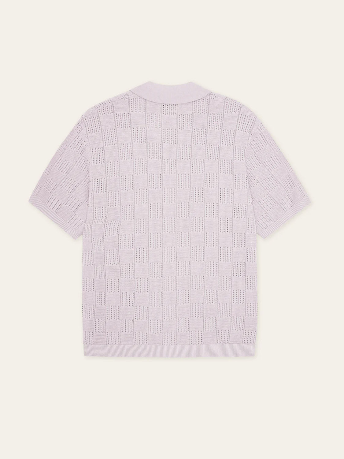 Back view of the Les Deux Squared Knitted SS Shirt—a short-sleeve, light lavender cotton shirt with checkerboard texture, openwork and solid panels, camp collar, and relaxed fit for effortless style.