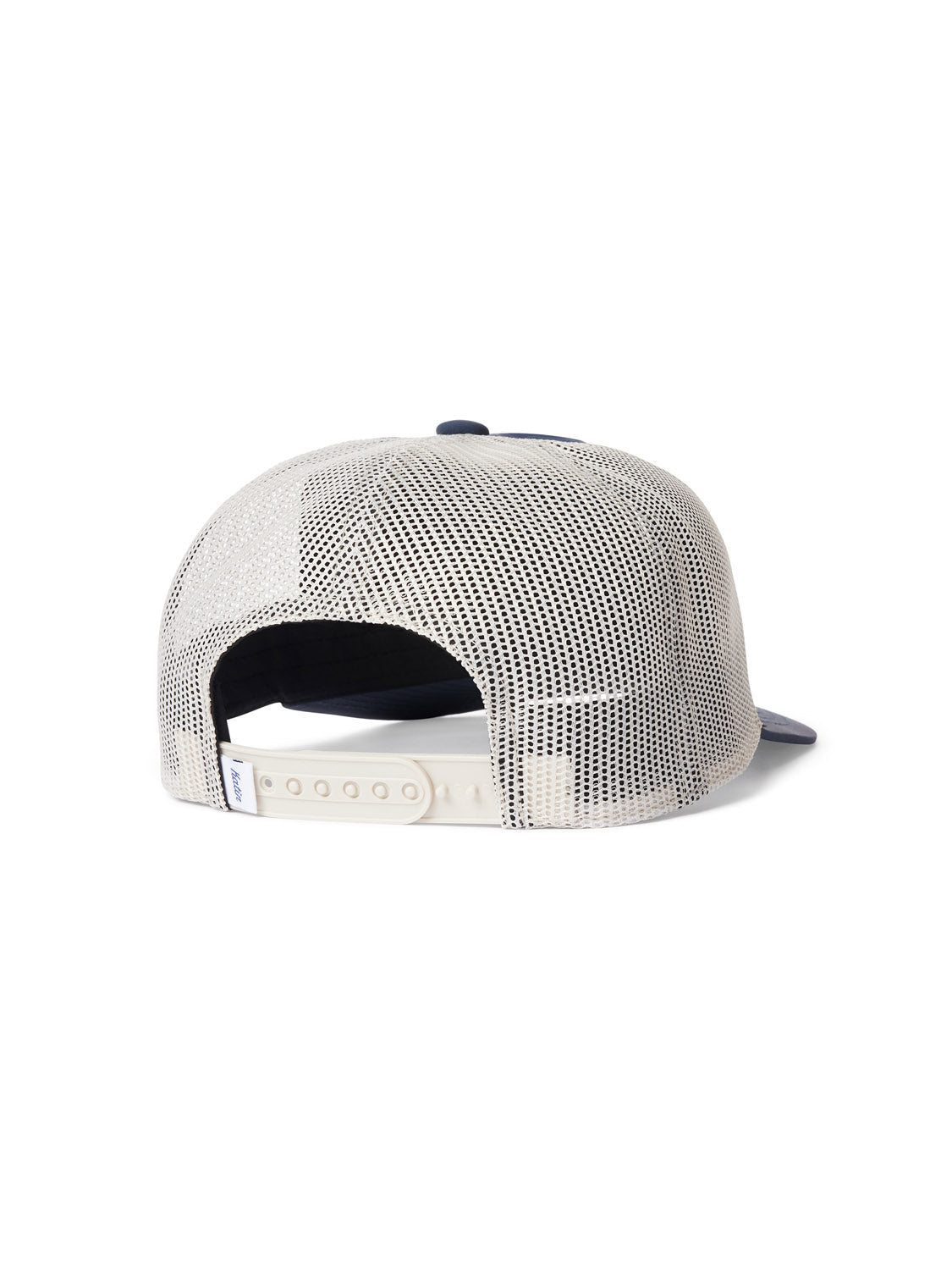 The Katin Squawk Trucker Hat by Katin is shown from the rear, highlighting its mesh back, adjustable white snapback closure, and a small fabric tag on the left side of the band.