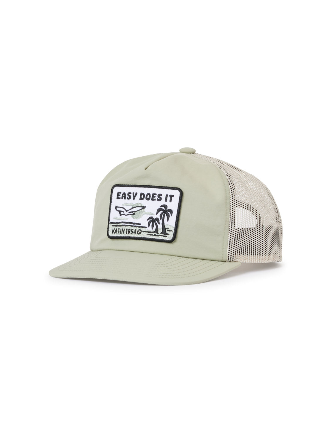The Katin Squawk Trucker Hat features light green and beige mesh, a curved brim, snapback closure, and a custom patch with EASY DOES IT, wave, palm tree graphics, and KATIN 1954© text on the front.