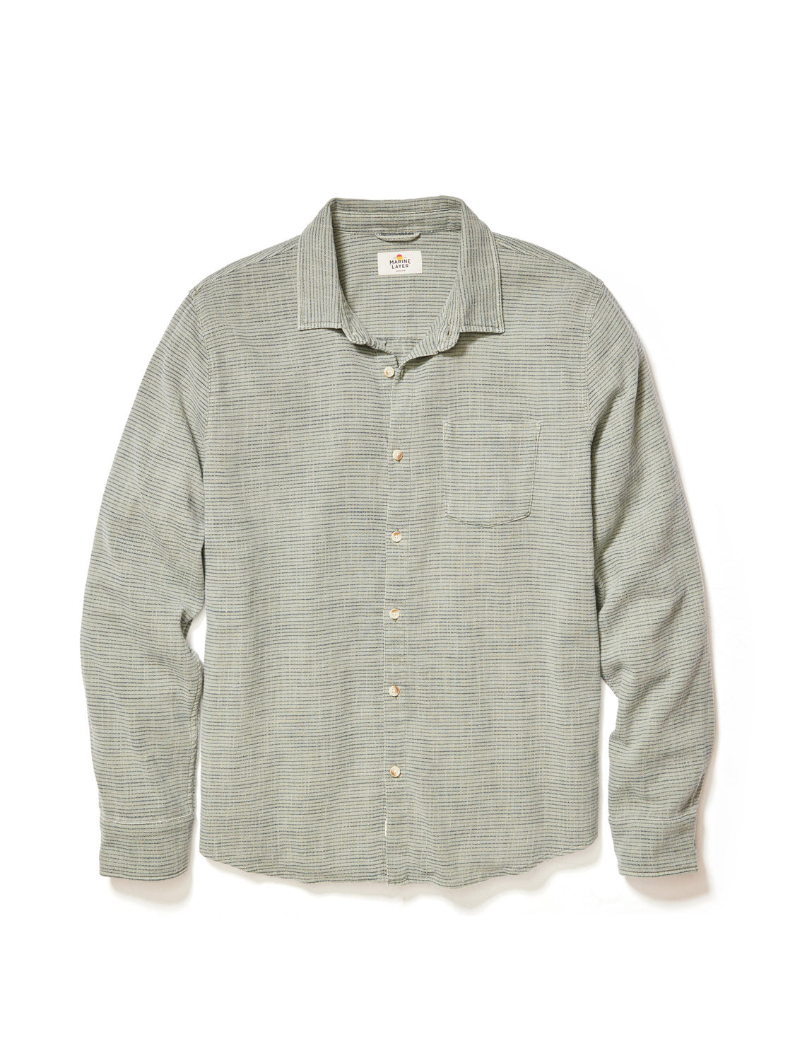 The Marine Layer Stretch Selvage Long Sleeve Shirt in sage green features a check pattern, button-down front, and chest pocket. Its lightweight design offers added stretch for extra comfort and style.