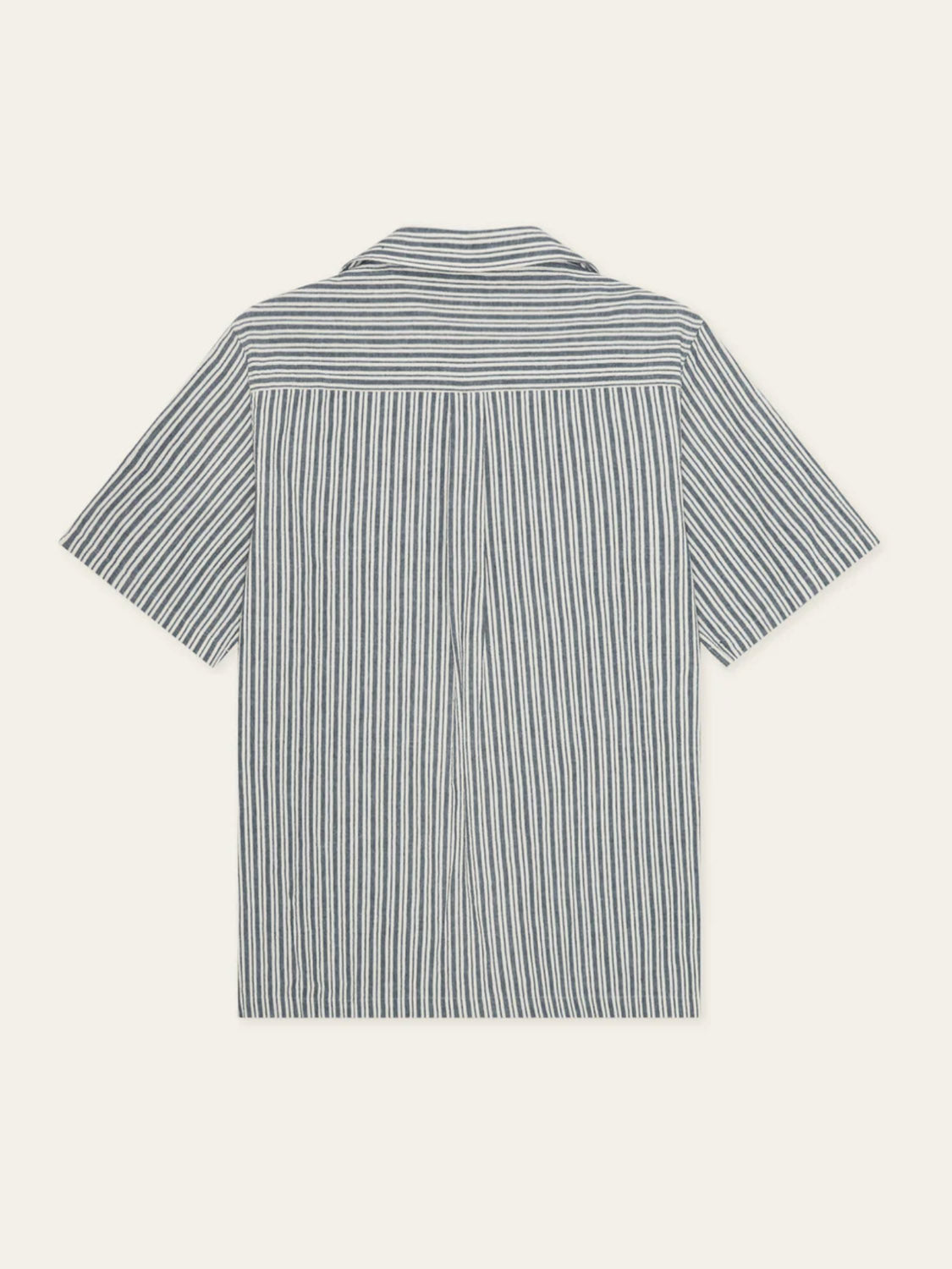 Back view of the Les Deux Stripe Cotton - Linen SS Shirt featuring vertical blue and white stripes and a spread collar, shown against a light background.