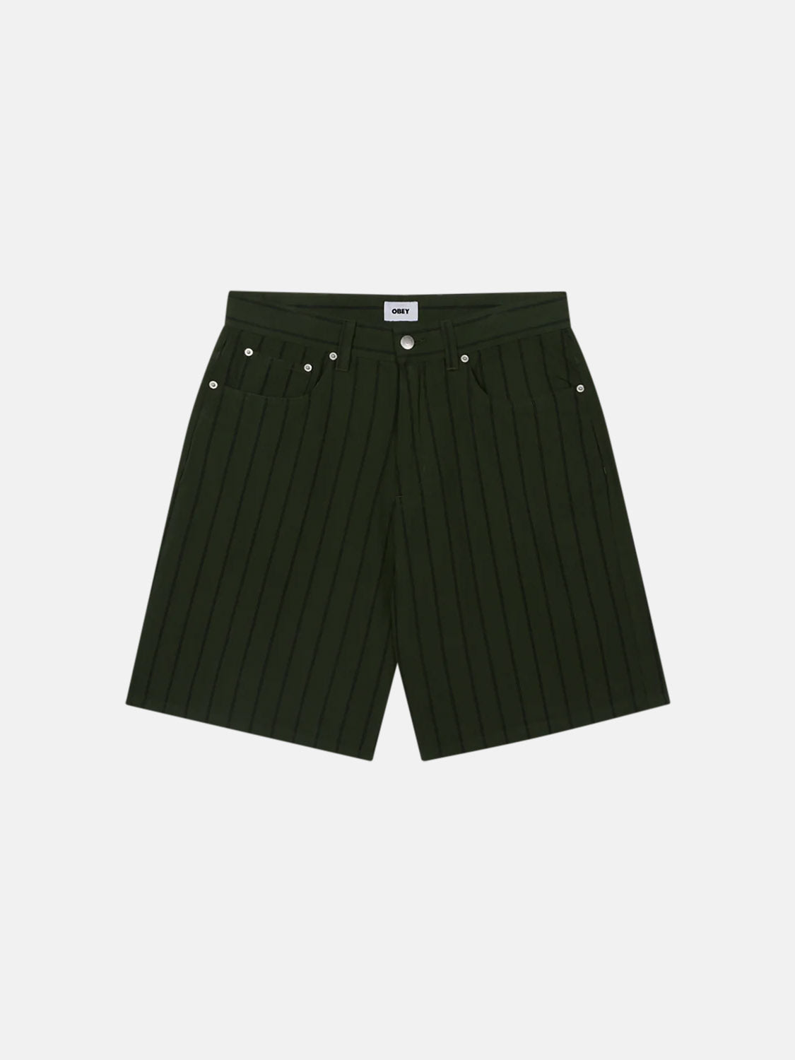 The Obey Stripe Denim Short from Obey comes in dark green pinstripes with a button and zip closure. Featuring a classic five-pocket design, coin pocket, and belt loops, these baggy fit shorts pop against a white backdrop, perfect for relaxed style lovers.