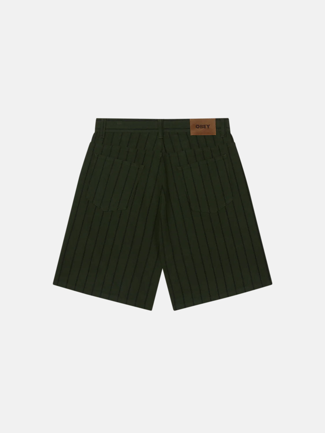 The Obey Stripe Denim Short in dark green pinstripe is shown from the back, highlighting two back pockets and a brown waistband label. These shorts by Obey feature a casual, tailored design with a subtle coin pocket detail.