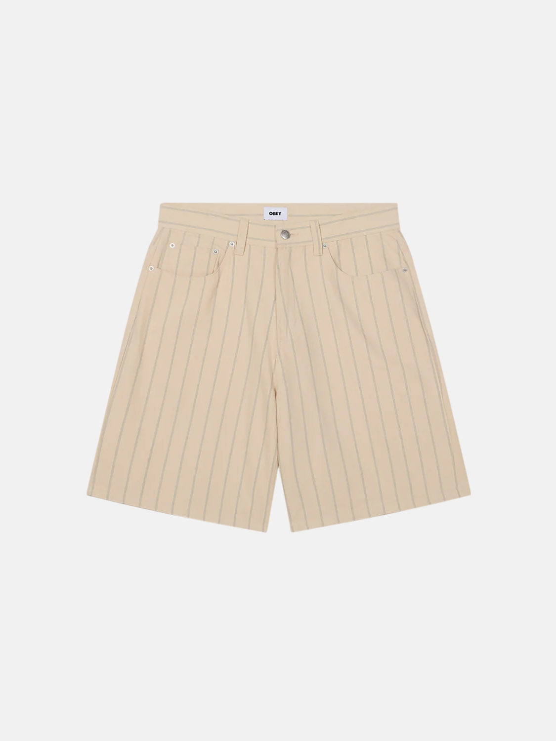 The Obey Stripe Denim Short, in beige with pinstripes, offers a button and zip closure, belt loops, coin pocket, front and back storage pockets, and a straight-leg design for a modern look.