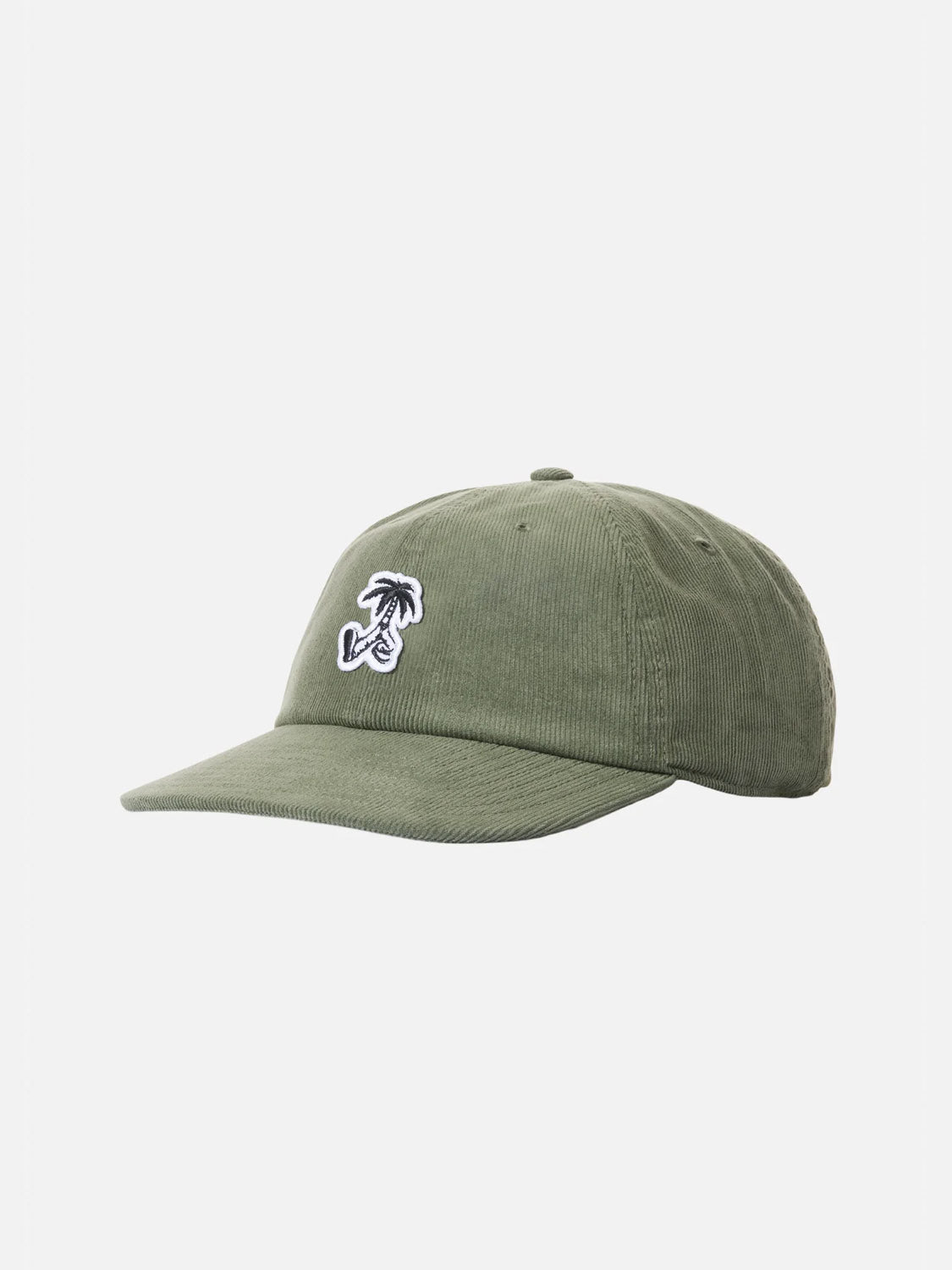 The Katin Stroll II Hat is an olive green cotton corduroy snapback, featuring a small embroidered palm tree and wave graphic on the front, shown against a plain white background.