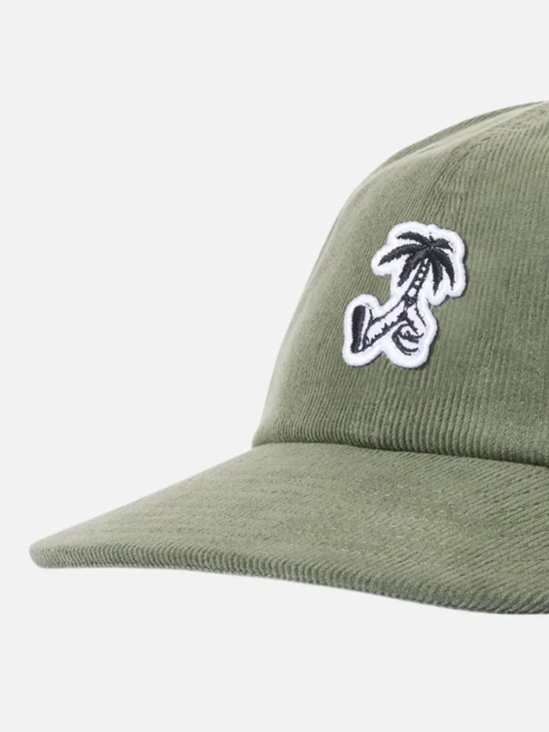 The Katin Stroll II Hat is an olive green cotton corduroy snapback featuring a black and white embroidered palm tree graphic on the front and an adjustable closure for a perfect fit.
