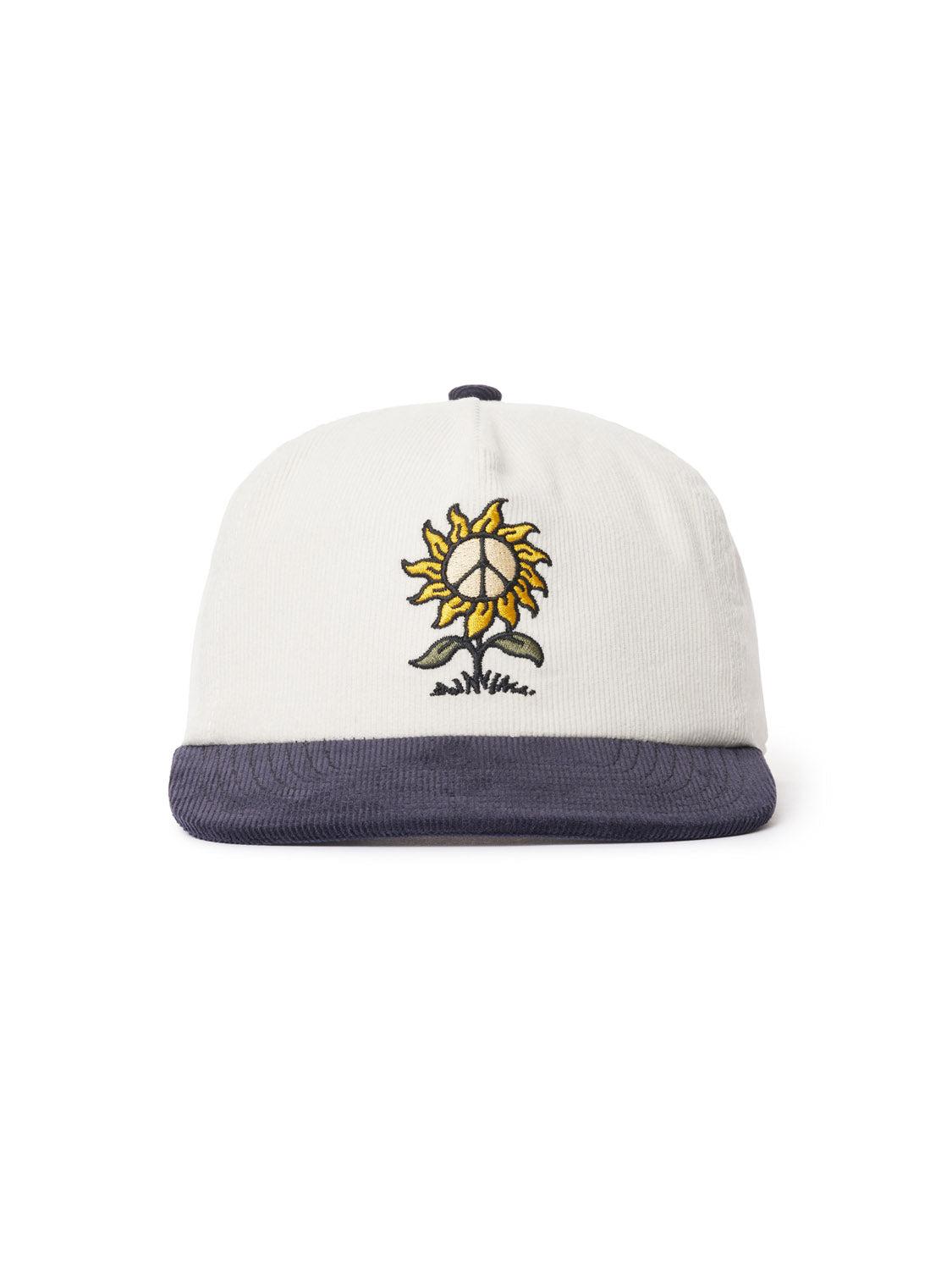 The Katin Sunflower Corduroy by Katin is a stylish white baseball cap featuring an embroidered sunflower with a peace sign at its center and a black brim. Made from cotton corduroy, it combines comfort and flair.