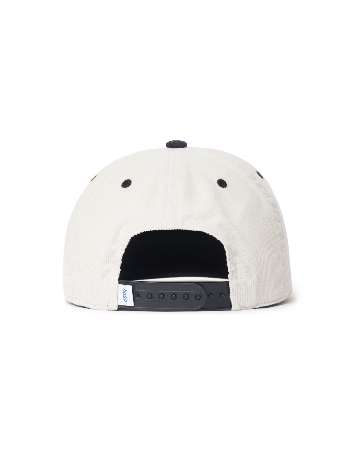 The back view of the Katin Sunflower Corduroy cap, part of the Katin headwear collection, shows its white cotton corduroy build with a soft texture. A black adjustable strap is centered for a snug fit, and the brim is barely visible.