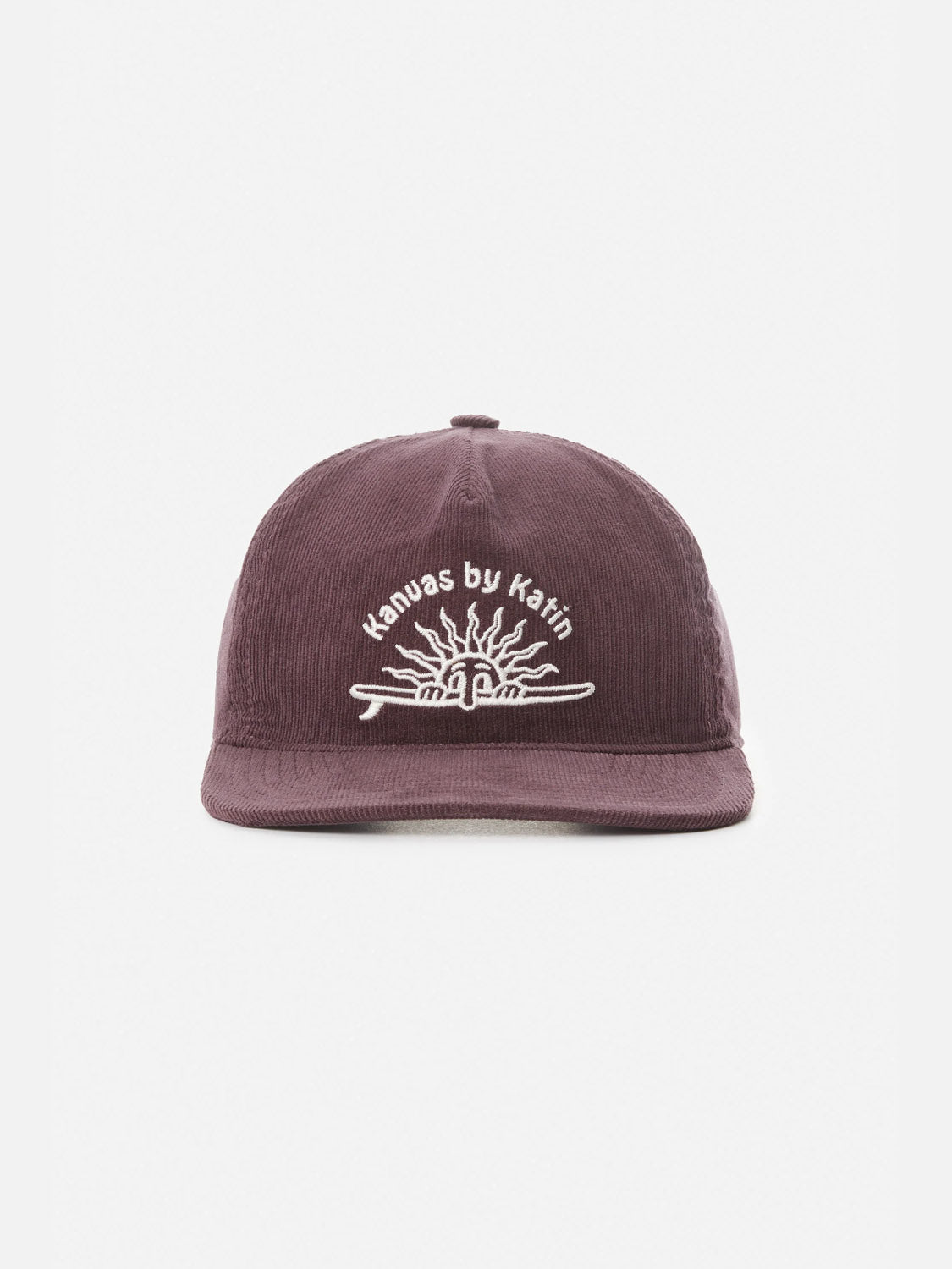 The Katin Sunny Hat is a purple corduroy baseball cap with white embroidery featuring Kanvas by Katin above a sun and wave design, photographed on a plain white background to highlight its vibrant details.