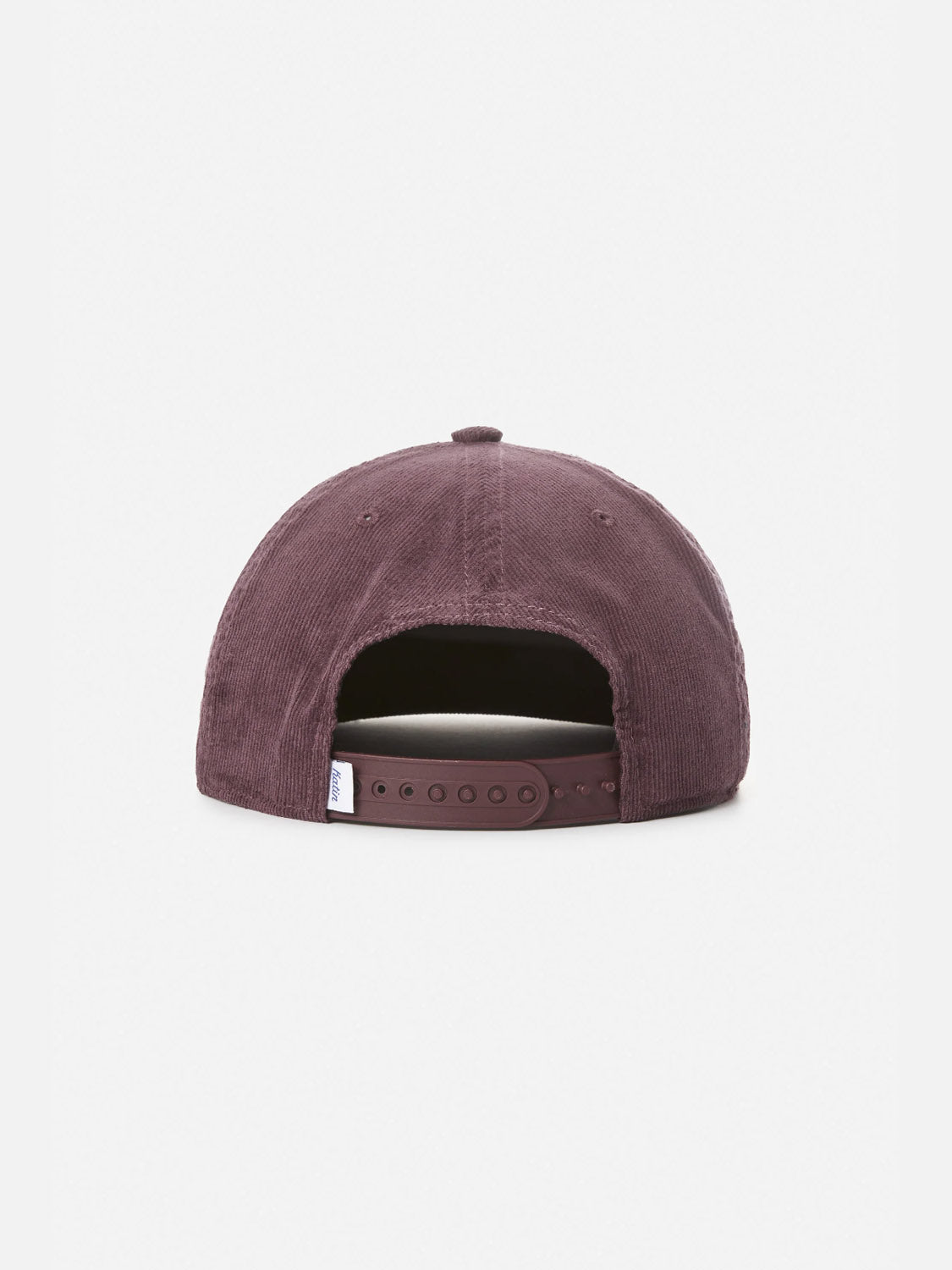 The Katin Sunny Hat, a burgundy corduroy baseball cap with Katin embroidery, is displayed from the back on a white background. This stylish cotton twill accessory features an adjustable snapback closure for a perfect fit.