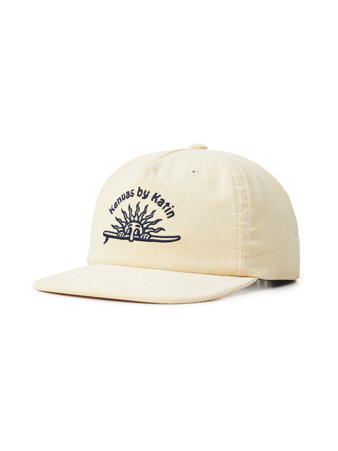 The Katin Sunny Hat by Katin is a cream-colored cotton twill cap with six panels and a curved brim. It features black embroidery of a sun graphic on the front, showcasing stitching detail for added charm.