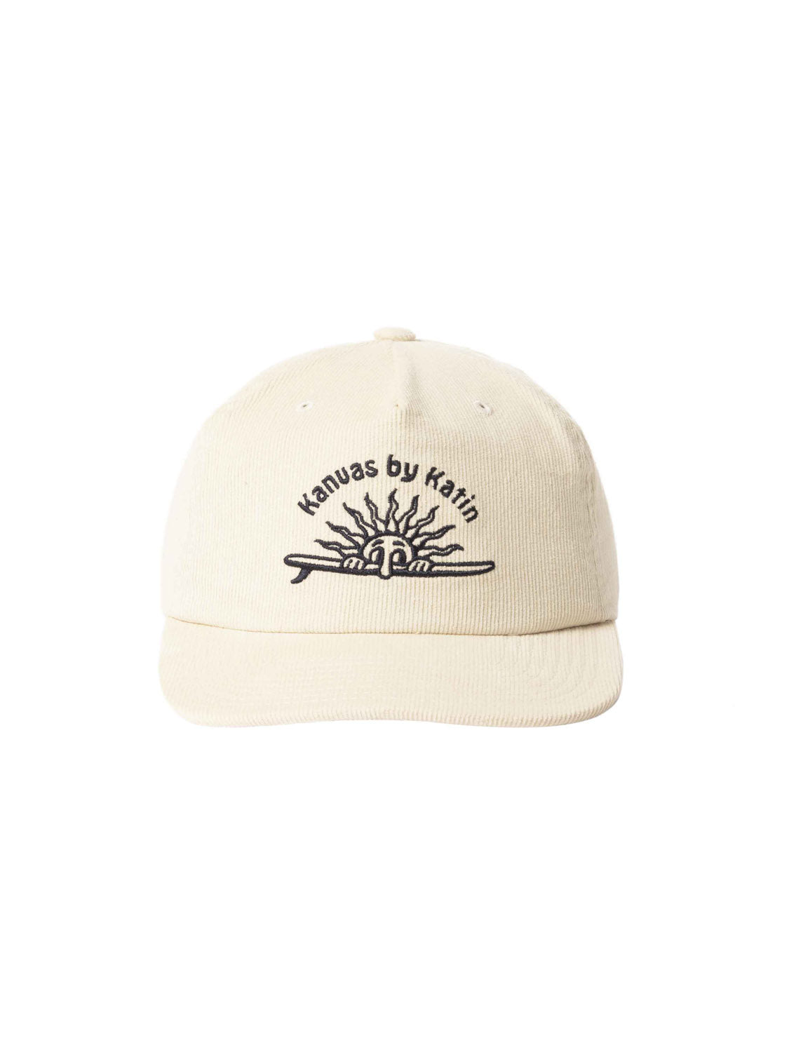 The Katin Sunny Hat is a beige cotton twill baseball cap featuring a black sun and wave design with Kanvas by Katin embroidered above, combining style and comfort.