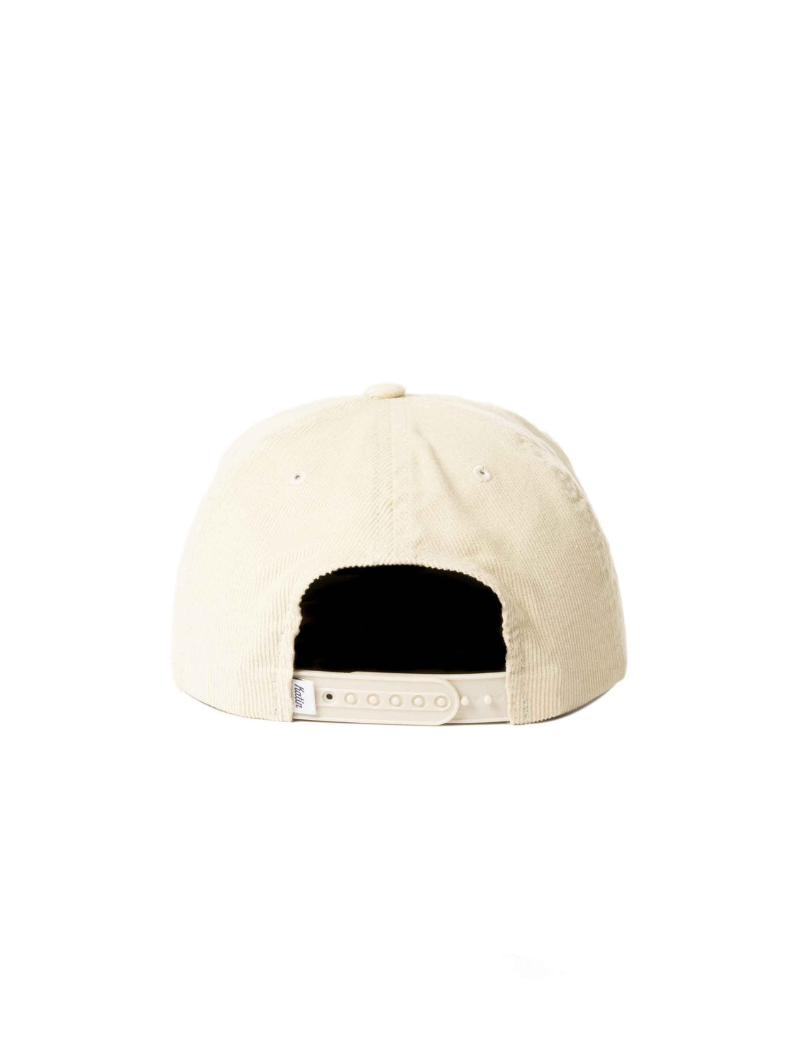 A beige Katin Sunny Hat in cotton twill is shown from the back on a white background. The classic baseball cap features an adjustable strap with plastic snaps for a perfect fit.