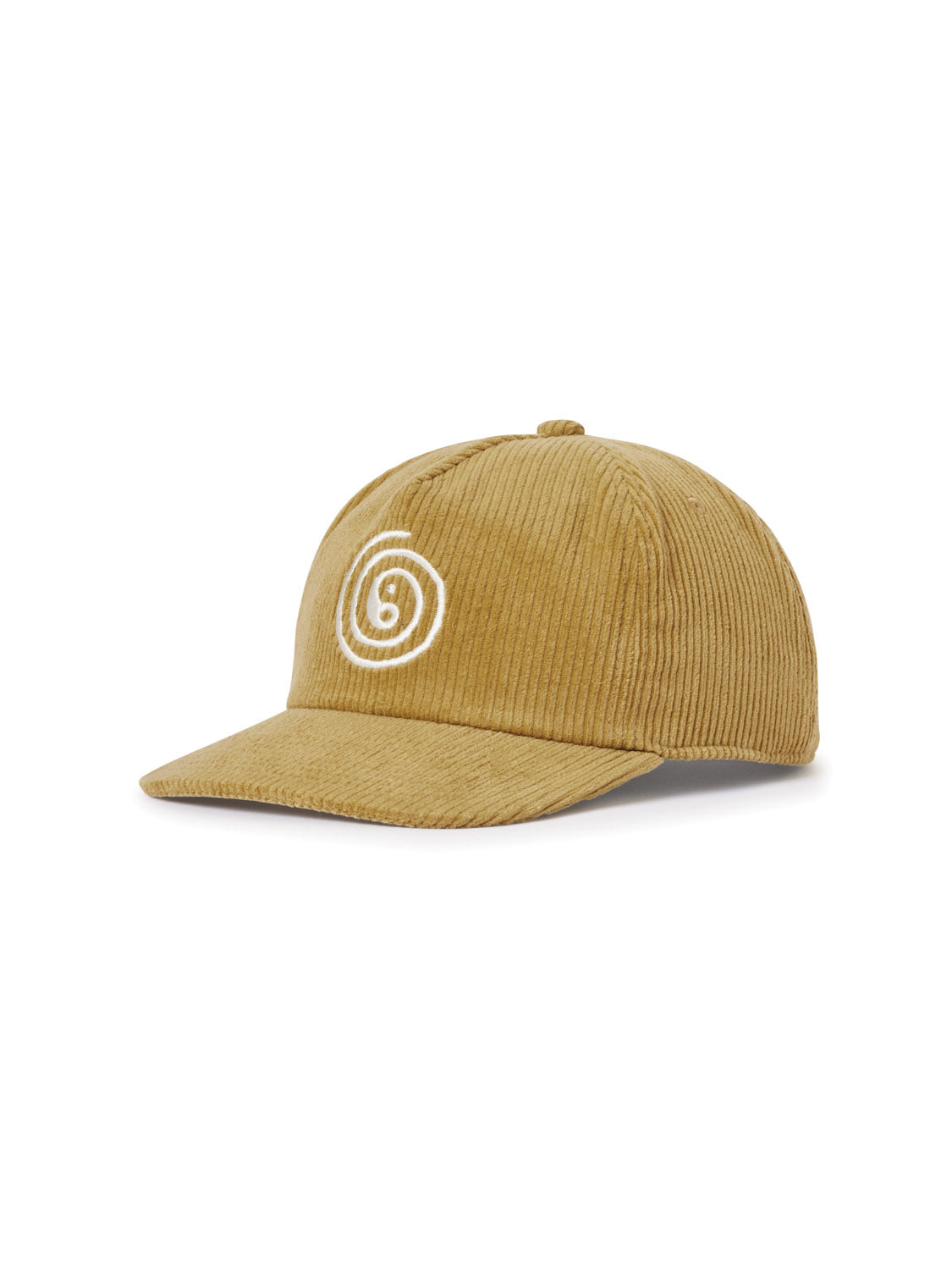 Introducing the Katin Swirl Hat: a brown cotton corduroy baseball cap with a white embroidered spiral on the front. Its curved brim and classic panel design offer a casual, stylish look for any occasion.