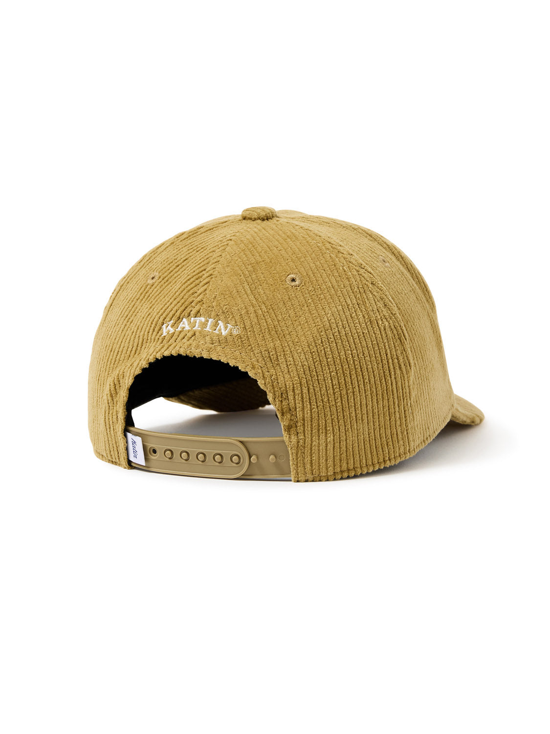The Katin Swirl Hat is a tan cotton corduroy cap with an adjustable snap closure, featuring KATIN embroidered in white above the back opening.
