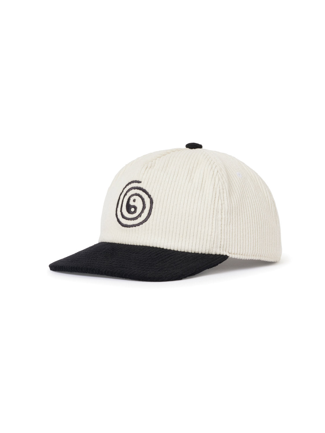 The Katin Swirl Hat by Katin is a white cotton corduroy baseball cap with a black brim and an elegant black swirl design on the front. It features a textured look, accented by a black button on top, combining simplicity with modern style.