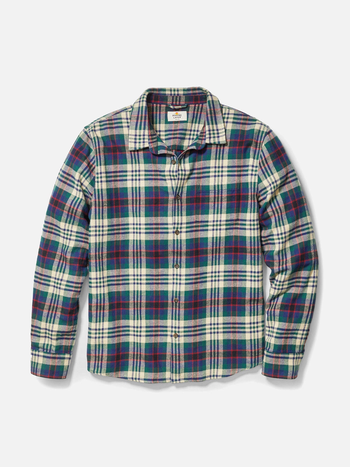 The Marine Layer Tahoe Flannel Shirt is a 100% cotton button-up, featuring a green, blue, and white plaid pattern. It includes a collar, long sleeves, and a left-side front pocket. Displayed on a plain white background.