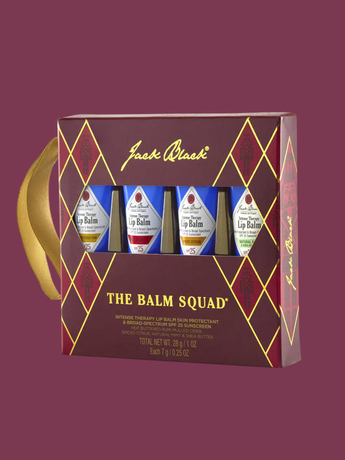 The Balm Squad® by Jack Black comes in a maroon box with gold diamond patterns and a gold ribbon handle, featuring four Intense Therapy Lip Balm flavors. This limited edition set is a perfect stocking stuffer.