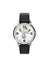The Timex x Peanuts® Marlin® 75th Anniversary Edition 38mm Watch features Snoopy running and Woodstock flying on a white dial, black numerals, silver case, black leather strap, and the Timex logo.