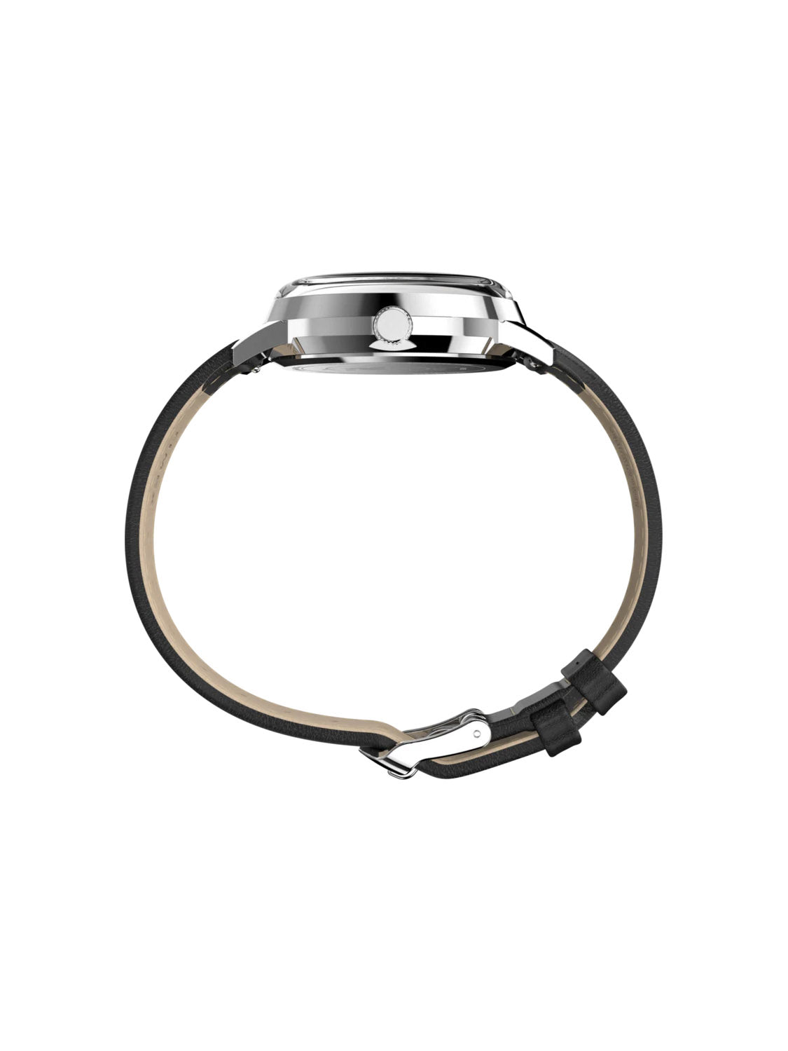 Side view of the Timex x Peanuts® Marlin® 75th Anniversary Edition 38mm Leather Strap Watch, featuring Snoopy and Woodstock on a round silver case with black leather strap and metal buckle—celebrating Peanuts’ 75th anniversary.