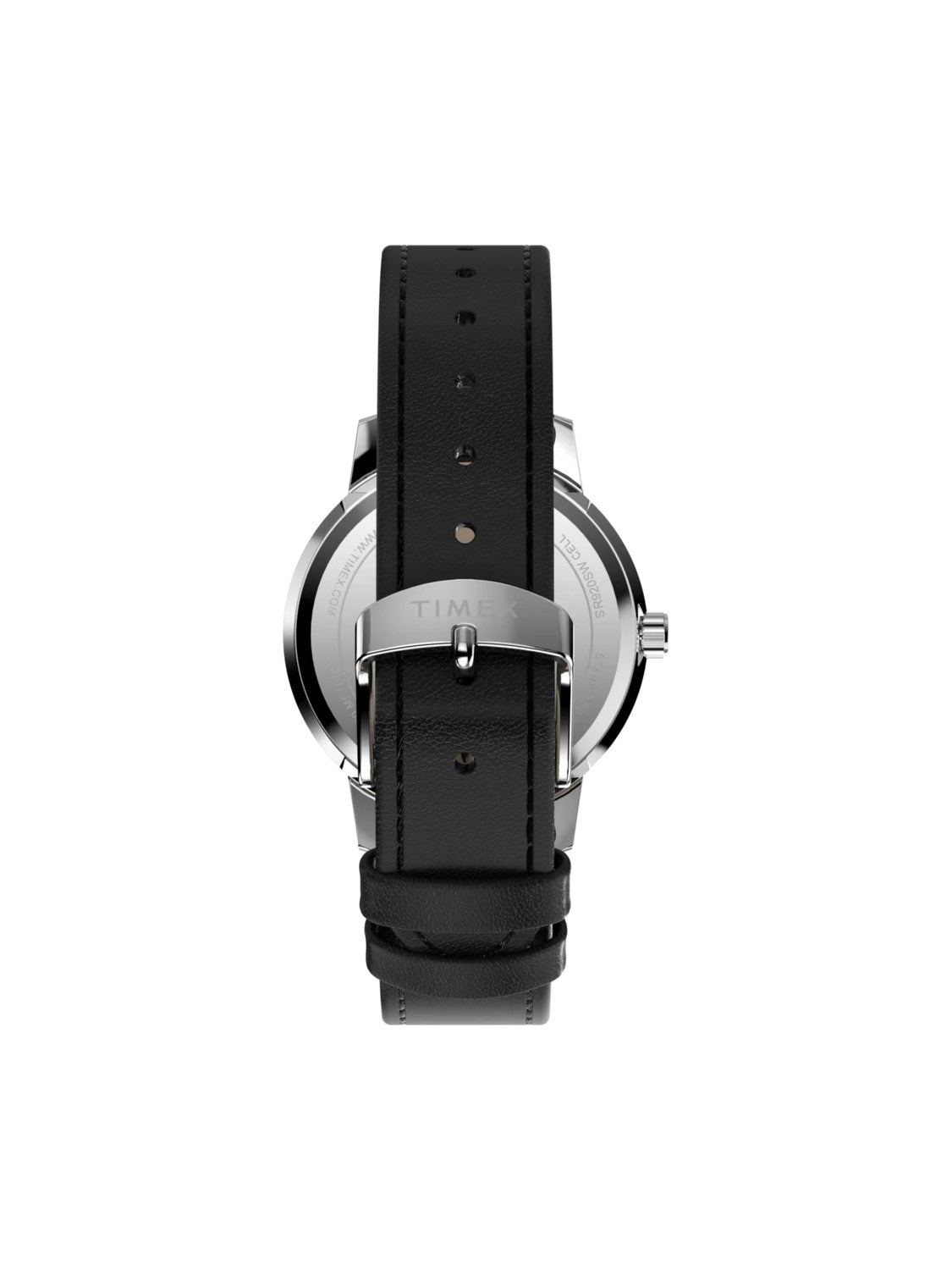 A black leather strap with a silver buckle is fastened around the back of the Timex x Peanuts® Marlin® 75th Anniversary Edition 38mm Leather Strap Watch, viewed from the rear against a plain white background.