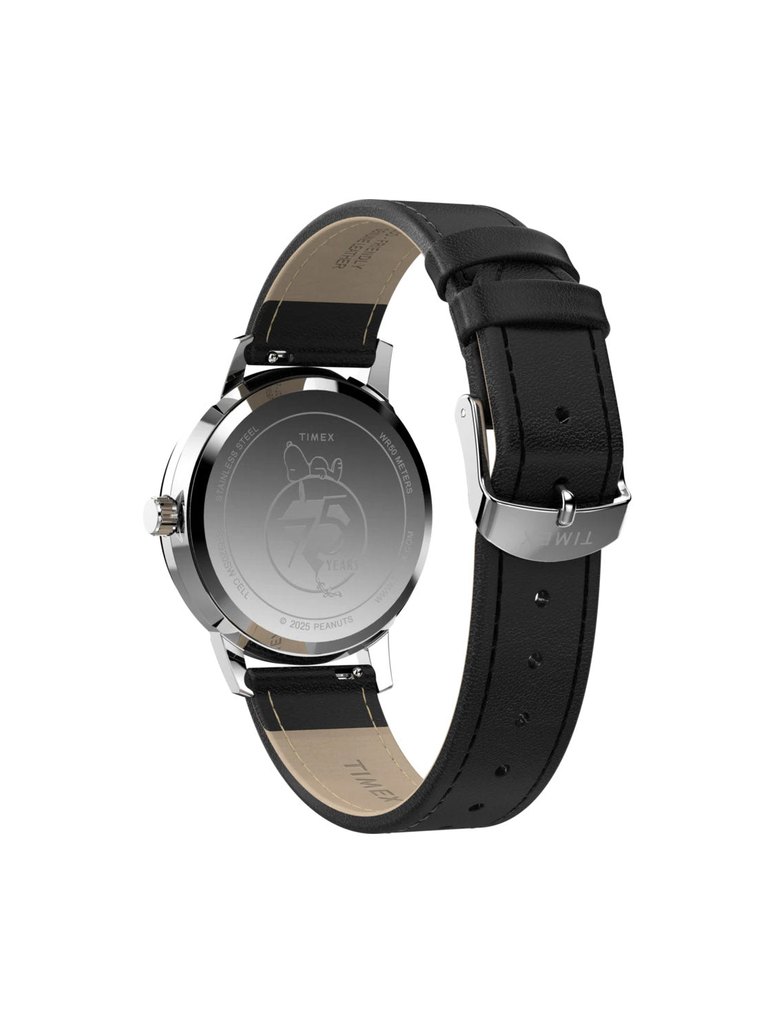 The Timex x Peanuts® Marlin® 75th Anniversary Edition 38mm Leather Strap Watch features a black leather band, silver case, and an engraved Snoopy, Woodstock, “75,” branding, and the year 2023 on the back.