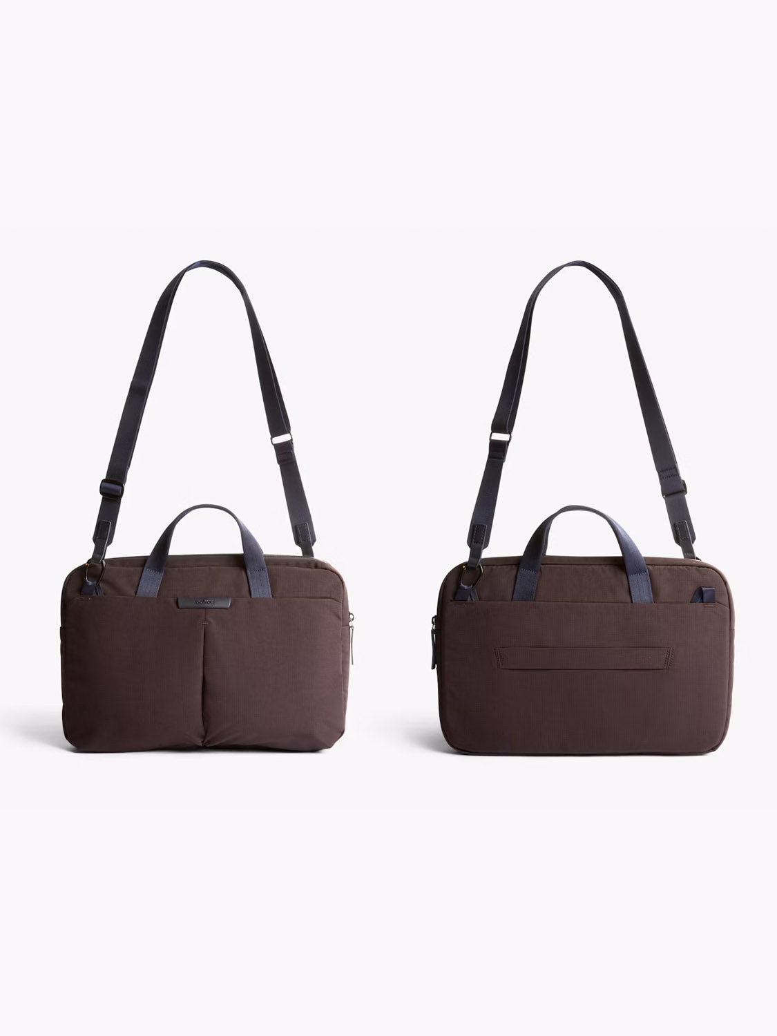 Two Bellroy Tokyo Work Bags - 20L in dark brown with black handles and detachable shoulder straps are shown on a white background. One displays zip pockets at the front; the other shows a 16” laptop sleeve at the back.