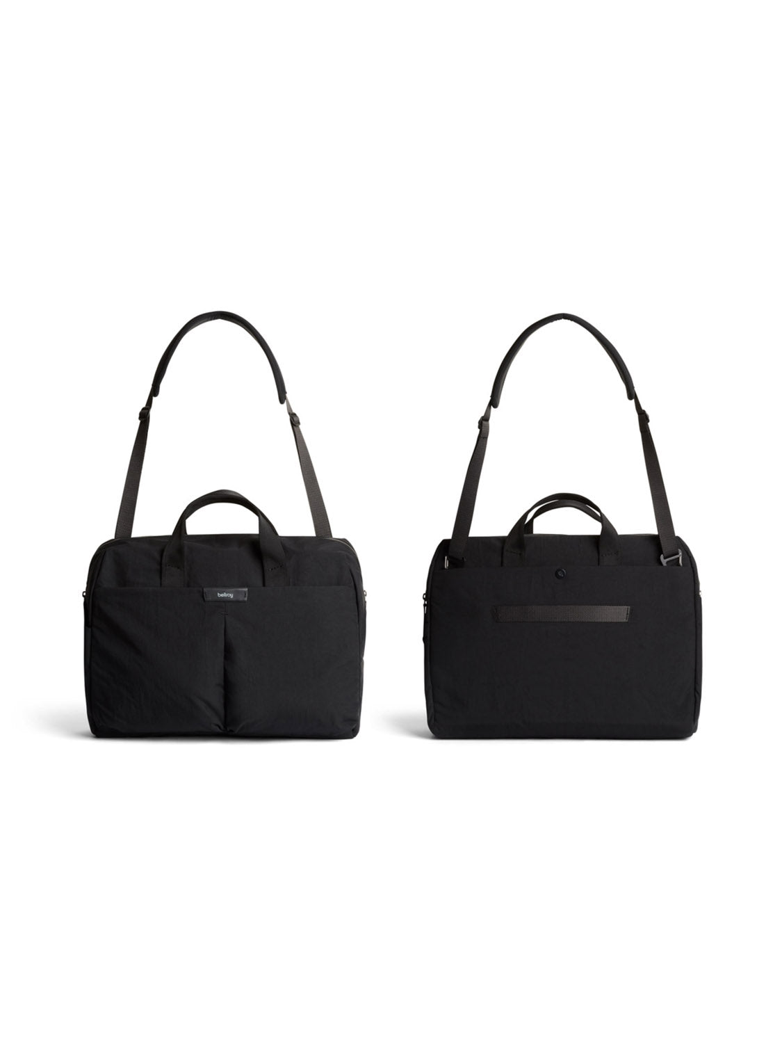 Two Bellroy Tokyo Work Bag - 20L bags in black are shown side by side with front and back views. These professional commuter bags feature shoulder straps, short carrying handles, and a minimal modern design.