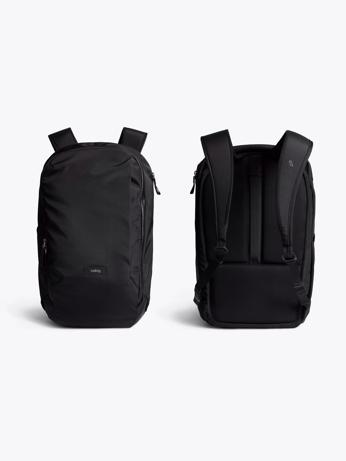 Two views of Bellroy's Transit Workpack - 20L: the front showcases a sleek, zippered design; the back displays padded straps and panel. Features a laptop sleeve, perfect for work. Both images are on a plain white background.