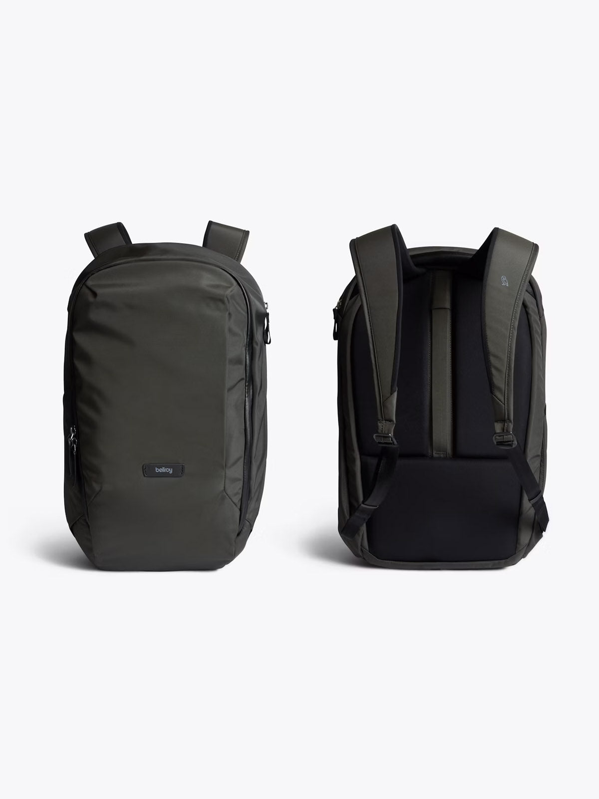Two views of the Bellroy Transit Workpack - 20L are shown: the front displays a sleek, zippered design with subtle branding, and the back features padded shoulder straps and a breathable panel—ideal as a stylish work bag.