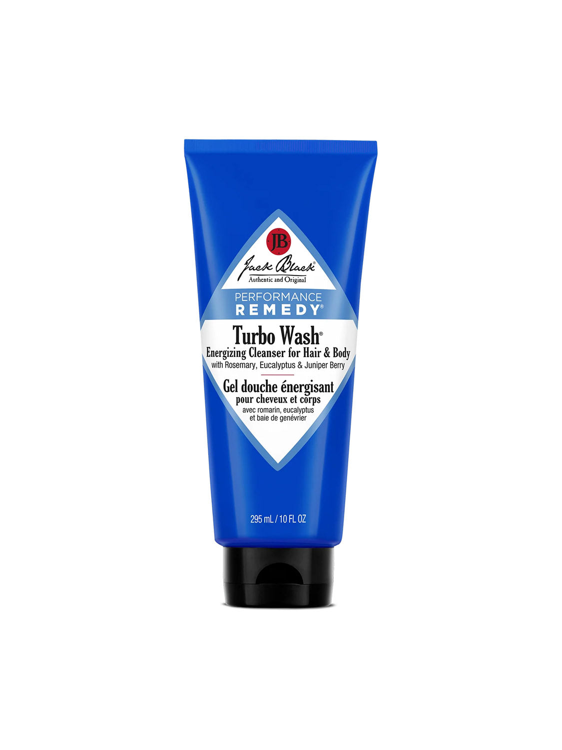 A 295 ml blue tube of Jack Black Turbo Wash® Energizing Cleanser for Hair & Body, a moisturizing, sulfate-free cleanser with rosemary and eucalyptus, stands upright on a white background.