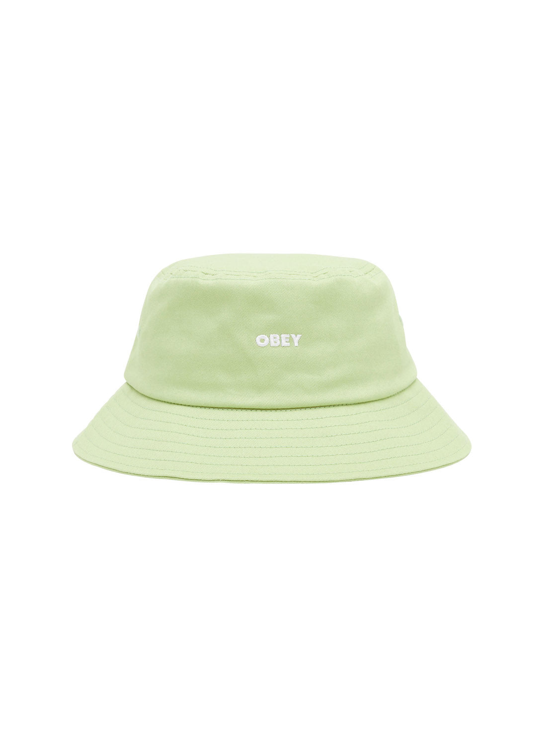 The Obey Bold Twill Bucket Hat boasts a light green twill texture with white OBEY embroidery on the front. It features a classic fit and smooth finish, presented against a plain white background for a casual look.