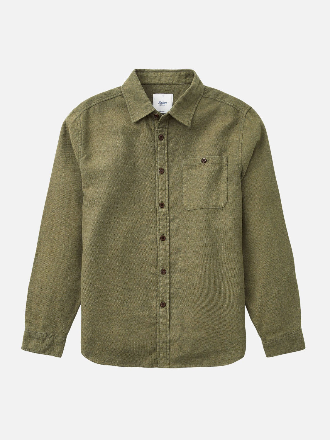 The Katin Twiller Flannel Button Down Shirt is an olive green, long-sleeved, collared cotton flannel with a single chest pocket, shown against a white background.