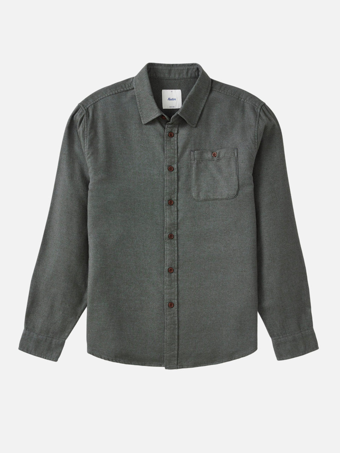 The Katin Twiller Flannel Button Down Shirt is a dark green, long-sleeve cotton flannel with a chest pocket, shown on a plain white background.