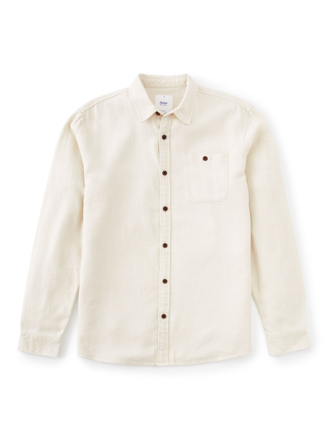 The Katin Twiller Flannel Button Down Shirt is a beige long-sleeved, moleskin-finished shirt featuring a classic design with brown buttons and a single chest pocket, perfect for any occasion. Its displayed on a plain white background.