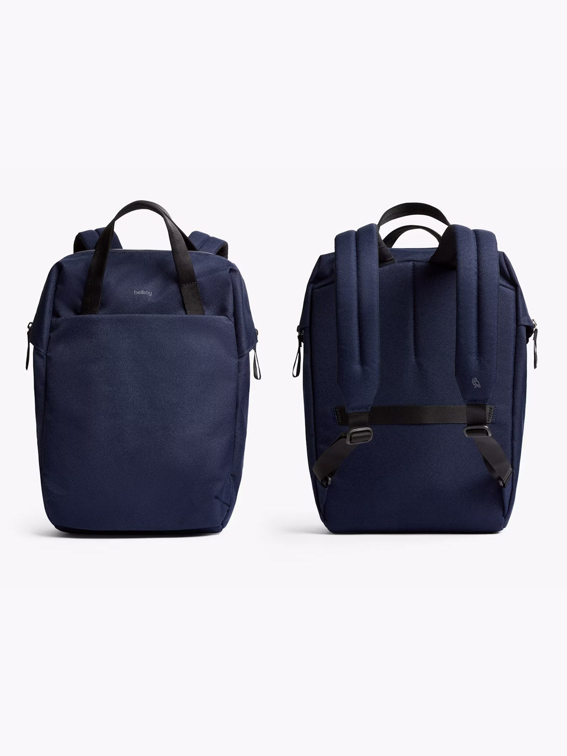 Two Bellroy Via Workpack - 18L backpacks in navy blue are shown side by side on a white background, displaying the front view and the back view with padded straps and a horizontal strap on this water-resistant commuter bag.